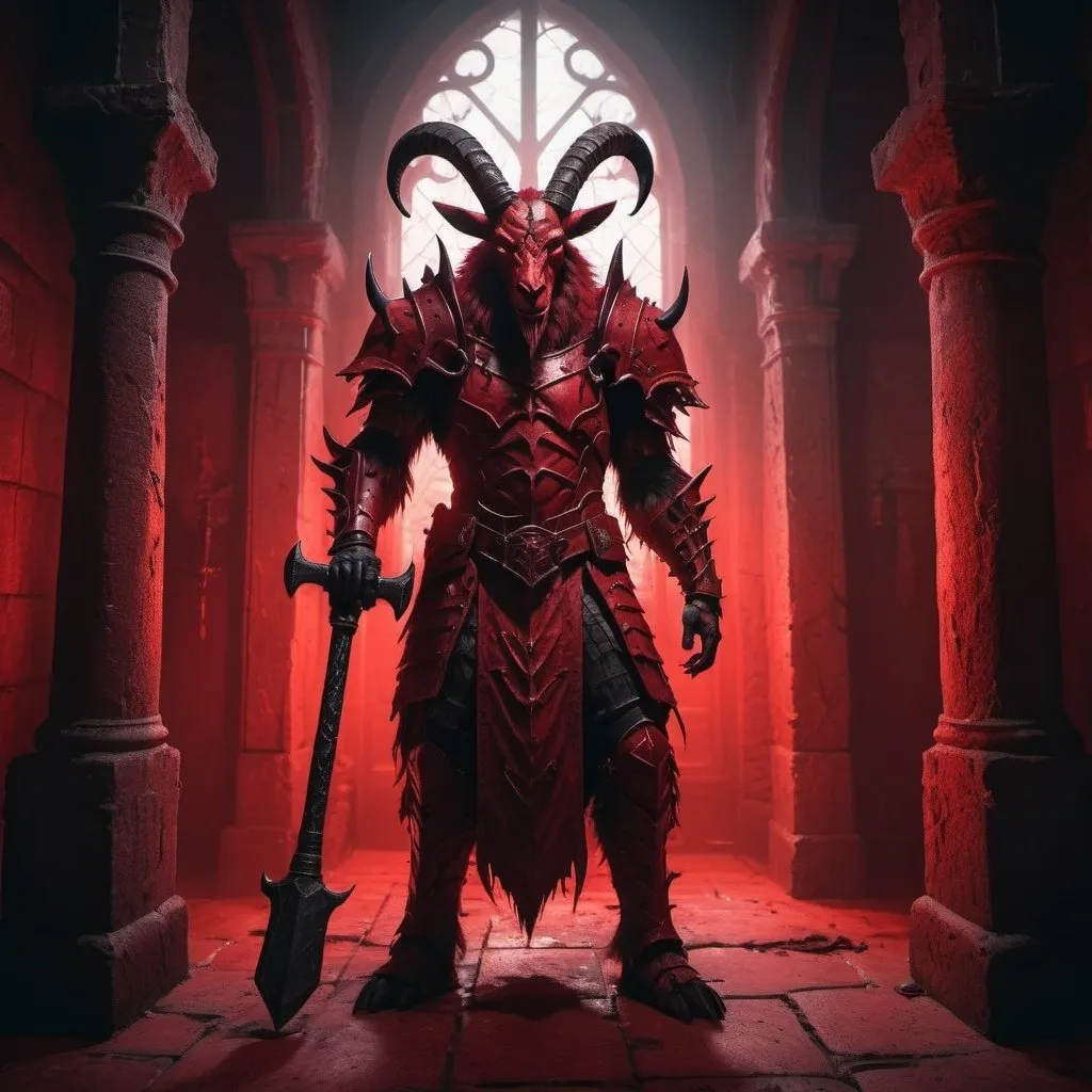 Prompt: Red Goatman in red armor, holding a battle hammer, inside a creepy castle, ominous red lighting, sinister atmosphere, detailed fur and horns, high-quality rendering, fantasy, dark tones, menacing presence, eerie castle interior, gothic architecture, dramatic shadows, haunting aura