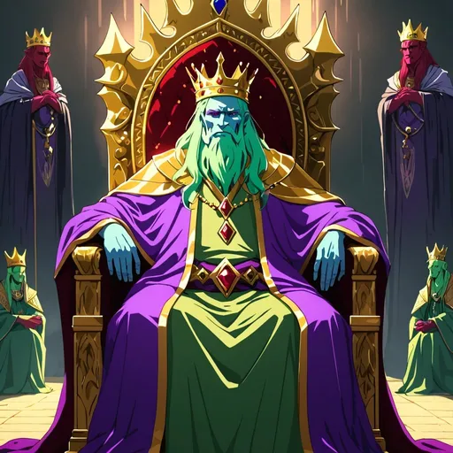 Prompt: Giant thin old King wearing golden crown with red skin and light green hair wearing purple long robes sitting in throne 