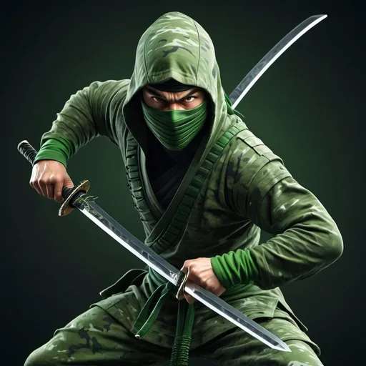 Prompt: Detailed, high-quality 3D rendering of a stealthy ninja in green camouflage wielding dual swords, intense and focused expression, dynamic pose, realistic textures, martial arts action, highres, ultra-detailed, 3D rendering, ninja, camouflage, dual swords, intense gaze, martial arts, professional, dramatic lighting