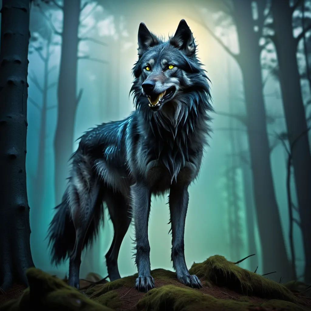 Prompt: (lanky wolfdog), (abnormally tall), jet-black matted fur, fierce yellow eyes, sharp fangs, standing majestically in a twilight forest, dense trees surrounding, ethereal mist swirling around its legs, trees cast in cool blue and green hues, cinematic lighting creating an eerie atmosphere, ultra-detailed, high-definition rendering, evoking a sense of mystery and intrigue.