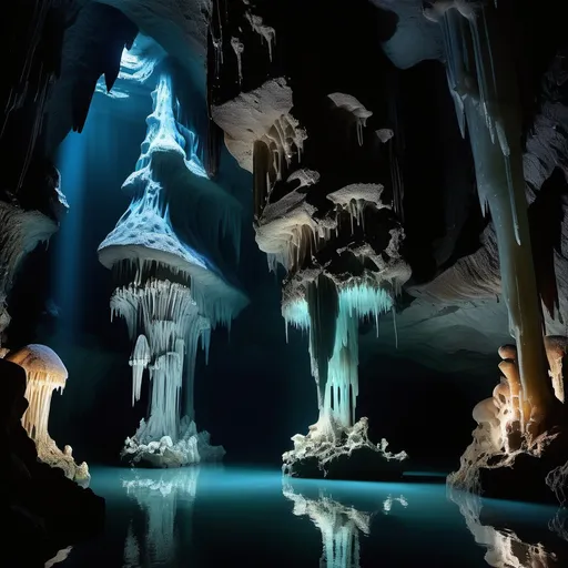 Prompt: (eerie stalactite and stalagmite cave), dimly lit cavern, shadows dancing on stone walls, chilling atmosphere, cool tones, mysterious depths, intricate formations, dripping water, ethereal glow from bioluminescent fungi, humid air, serene yet haunting, ultra-detailed, dark shades enhancing depth, immersive experience, carved by nature, tranquility amid isolation.