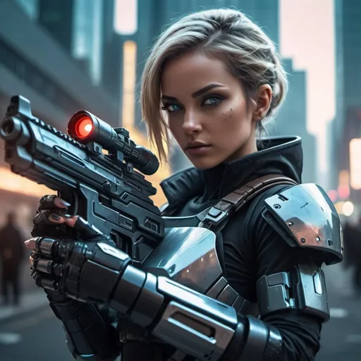 Prompt: Futuristic female bounty hunter holding laser rifle, urban cityscape, high-tech armor, cybernetic enhancements, intense and focused gaze, detailed facial features with cool reflections, 4k, ultra-detailed, sci-fi, futuristic, cyberpunk, professional, atmospheric lighting, intense shadows, cool tones, hi-res, sleek design, futuristic skyscrapers, advanced technology, urban landscape