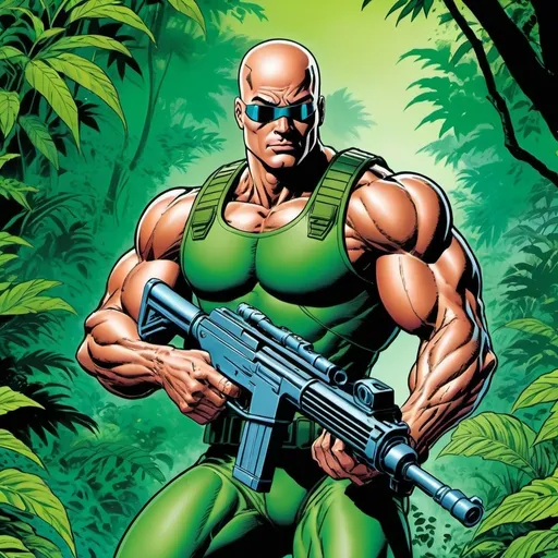 Prompt: Gung-ho from GI Joe in a lush jungle, carrying a heavy machine gun, vibrant green foliage surrounding, intense and vivid colors, comic book style, dynamic pose, detailed musculature, high quality, comic book, vibrant colors, intense lighting