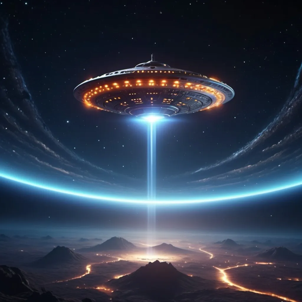 Prompt: (UFO flying towards Earth), (outer space scene), cosmic backdrop, radiant stars shimmering against a dark expanse, glowing spacecraft with intricate designs, contrasting colors, (dynamic lighting illuminating the UFO), vastness of space emphasizing isolation, innovative and eye-catching architecture of the UFO, (4K ultra-detailed).