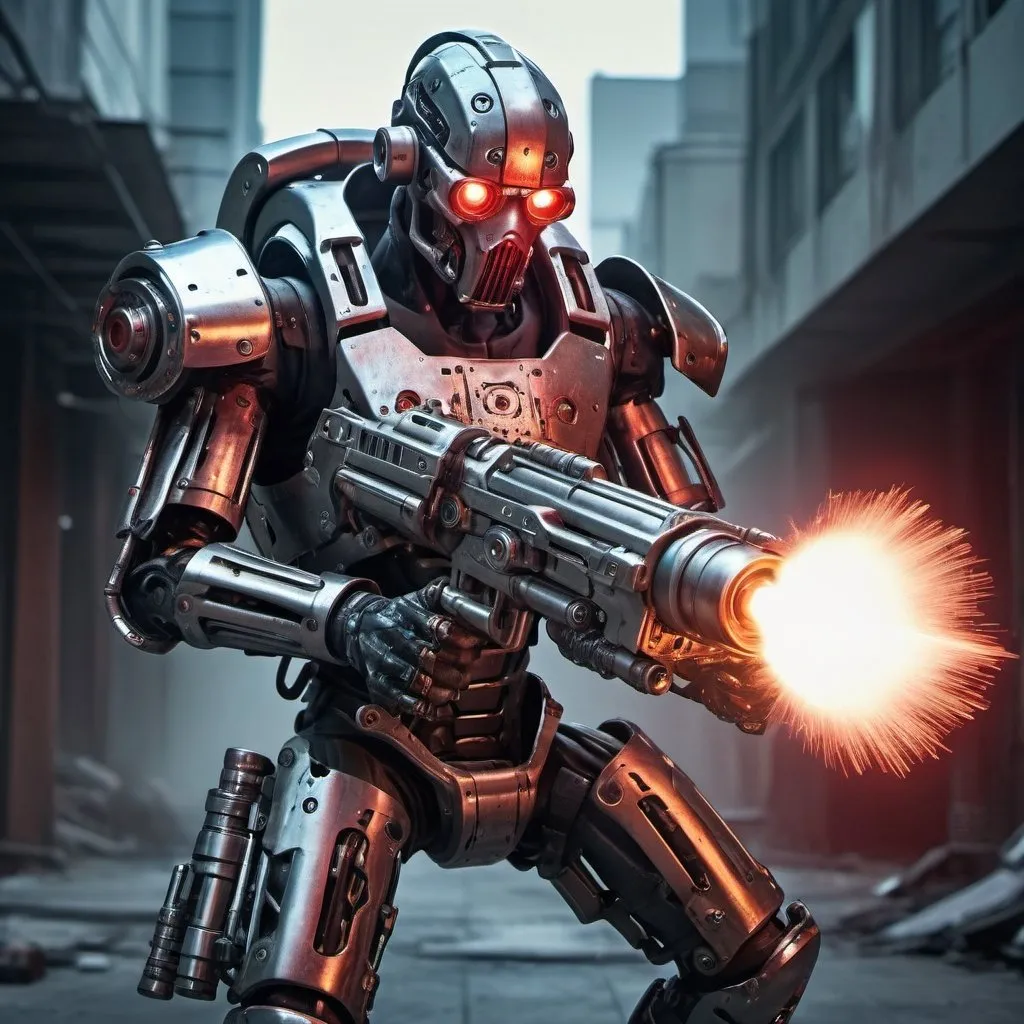 Prompt: Futuristic cyborg bounty hunter wielding a high-tech Gatling gun, gritty dystopian setting, metallic exoskeleton, intimidating red cybernetic eye, urban decay, intense and dramatic lighting, highres, ultra-detailed, cyberpunk, dystopian, futuristic, intense lighting, metallic exoskeleton, futuristic weapon, dramatic atmosphere