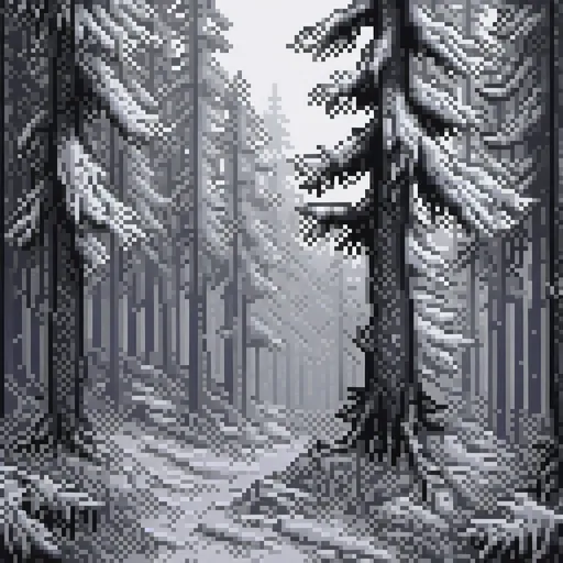 Prompt: Black metal album cover of a snow-covered pine forest, oil painting, eerie atmosphere, high contrast, dark and moody, detailed snow-covered branches, dense fog, hauntingly beautiful, professional quality, atmospheric lighting, ominous shadows, frosty tones