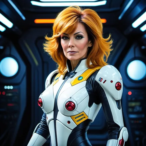 Prompt: (futuristic flight suit), Lisa Hayes from Robotech, (dramatic pose), sleek design details, vibrant colors with metallic accents, sci-fi aesthetic, striking facial features, high-tech surroundings, intense expression, dynamic lighting, (high-quality), cinematic background with space elements, ready for action, (ultra-detailed).