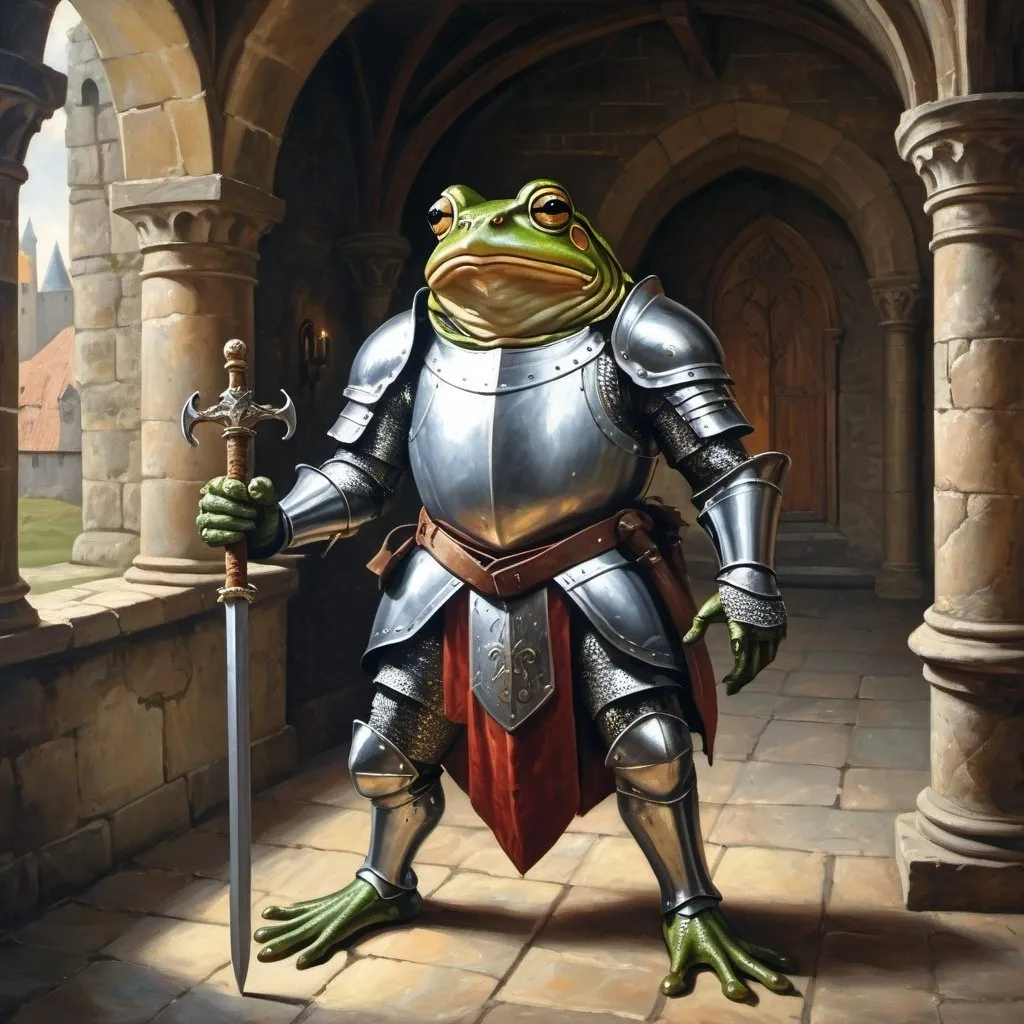 Prompt: Giant frog in knight's armor wielding a mace, inside a medieval castle, oil painting, detailed armor, castle interior, high quality, medieval art, dramatic lighting, cool tones, detailed frog, knight in armor, castle setting, medieval, armor details