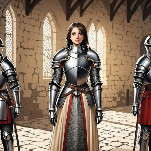 Prompt: Female knight standing at attention in castle 