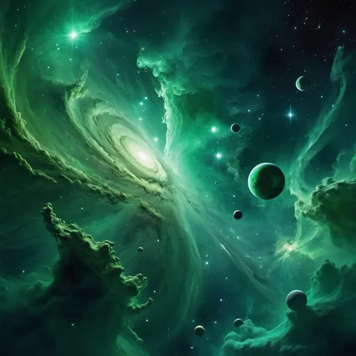 Prompt: (deep space galaxy), vibrant shades of green, (mystical stars twinkling), swirling nebulae, cool tones blending into rich emerald hues, (highly detailed), (HD), atmospheric depth providing a sense of vastness and wonder, swirling cosmic clouds, planets emerging from the depths, a serene yet captivating ambiance fostering curiosity and exploration.