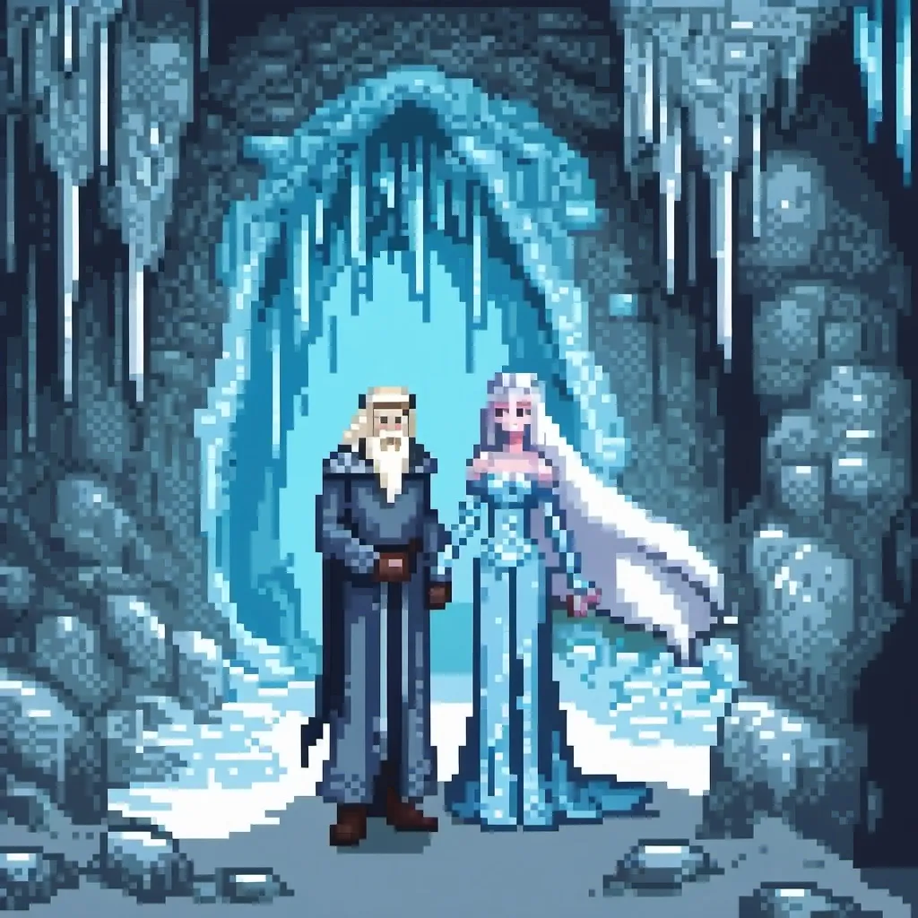 Prompt: (Evil Ice King and Ice Queen inside an Ice Cave), long flowing white hair, long white beard, sinister expressions, icy blue and silver tones, frost-covered walls, glistening icicles, dramatic lighting casting eerie shadows, (cold and foreboding ambiance), fantastical atmosphere, high-quality fantasy scene, ultra-detailed, capturing a sense of power and enchantment.