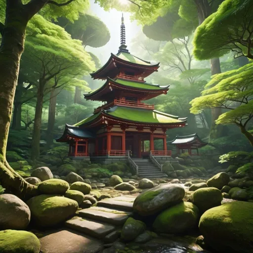 Prompt: Japanese temple nestled in a lush (green forest), soft rays of sunlight filtering through the (dense canopy), creating a tranquil and serene atmosphere, intricate architectural details of the temple, moss-covered stones, rich textural contrasts, surrounded by vibrant foliage, gentle stream flowing nearby, enchanting vibes, (highly detailed), (4K), ultra-realistic.