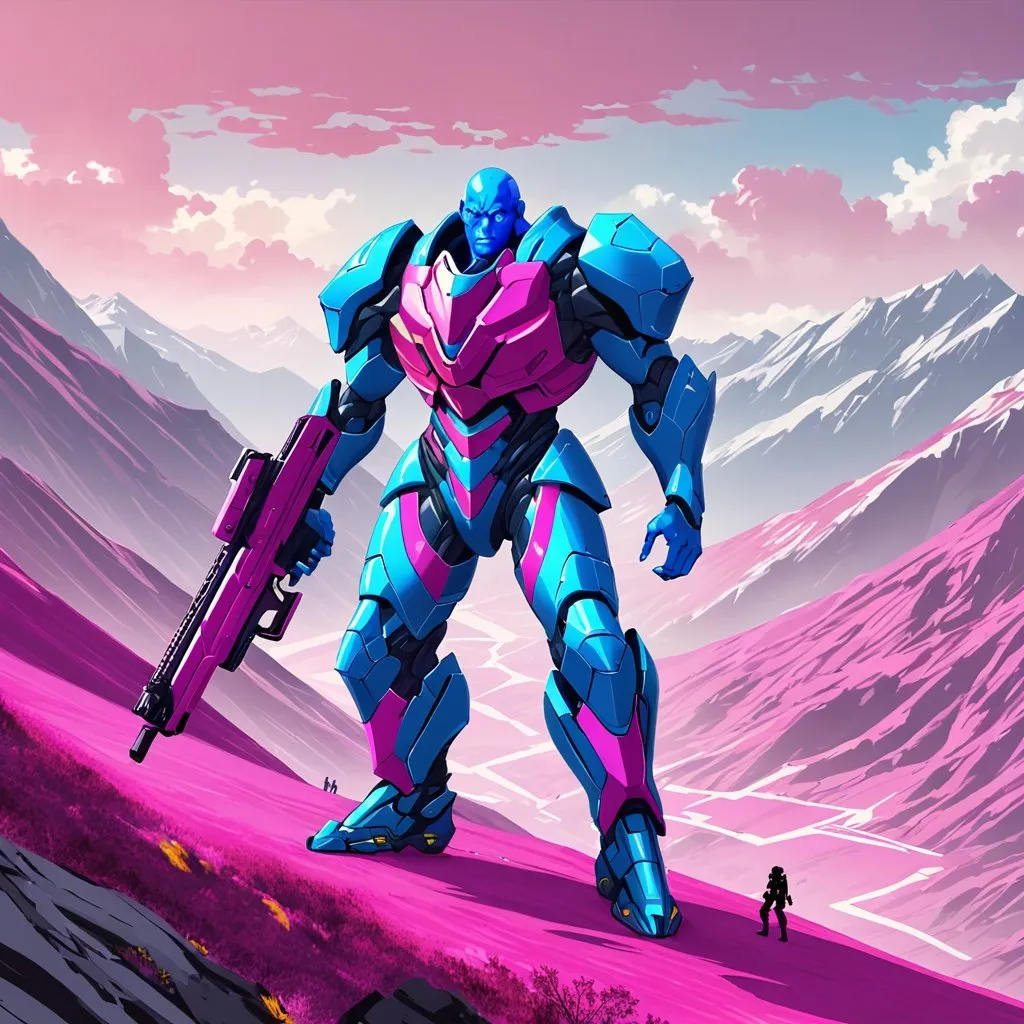 Prompt: Giant man with yellow hair orange eyes and blue skin wearing magenta body armour carrying futuristic gun in mountainous area