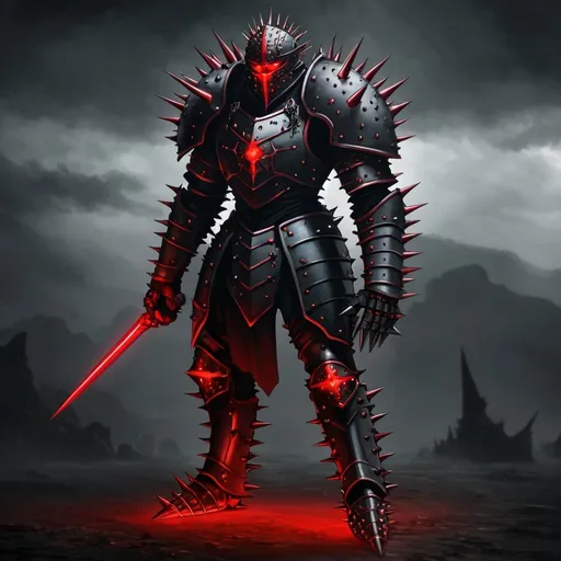 Prompt: Dark warrior with glowing red eyes wearing full body armour covered in spikes
