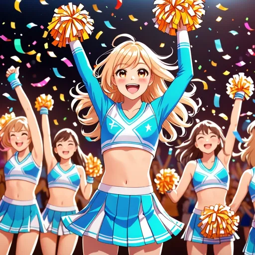 Prompt: (Pretty femboy cheerleader), playful expression, dynamic pose, vibrant uniform with cheerful colors, pom-poms raised high, sleek hair, confident demeanor, (ultra-detailed), bright and energetic atmosphere, warm lighting, cheerful background, a cheering crowd, sparkling confetti in the air, celebrating the spirit of teamwork and fun, (high quality, 4K).