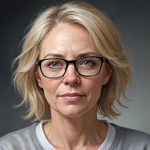Prompt: Realistic digital portrait of a demure 49-year-old blonde woman in glasses, grey top, black pants, and white sneakers, detailed facial features, professional-grade realism, natural lighting, realistic portrait, digital painting, detailed eyes, demure expression, glasses, high quality, professional, realistic, natural lighting, detailed clothing, authentic representation