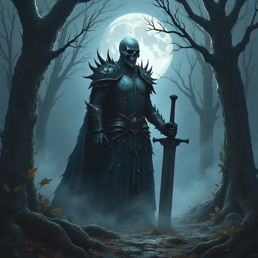 Prompt: A foreboding Skull Knight stands in a misty, moonlit forest, surrounded by ancient trees whose gnarled branches seem to reach out like skeletal hands. Cloaked in dark, tattered armor adorned with jagged spikes, the knight's skull helmet glimmers coldly under the silvery light, casting an eerie glow. Shadows swirl around him, as faint wisps of fog coil at his feet, adding to the ominous atmosphere. His gauntleted hand tightens around the hilt of a massive, rune-etched sword, half-buried in the ground beside him, hinting at the weight of his dark history. A chilling wind sweeps through, rustling the leaves and carrying the distant echo of haunting whispers, enriching the scene with a mystical allure. This composition can be rendered in dark fantasy concept art style, emphasizing the stark contrasts between light and shadow.