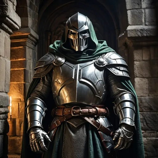 Prompt: Medieval scene of Dr. Doom in knight's armor, detailed metallic sheen, imposing figure, medieval castle backdrop, dramatic lighting, high quality, realistic, dark and moody, medieval fantasy, detailed armor, atmospheric lighting, historical, menacing presence