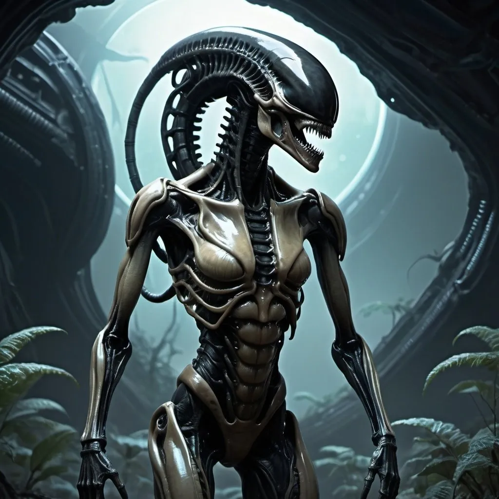 Prompt: Female xenomorph on alien homeworld, digital painting, eerie organic environment, detailed exoskeleton, highres, ultra-detailed, sci-fi, horror, alien landscape, atmospheric lighting, otherworldly, menacing presence, bioluminescent flora, sharp and menacing claws, sleek design, intense and focused gaze, cool tones, eerie glow