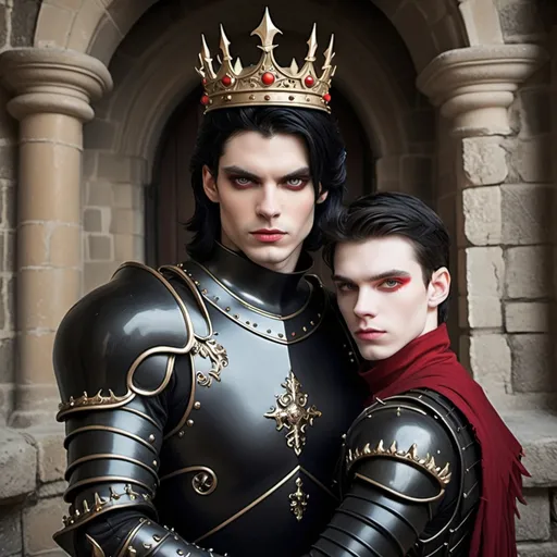 Prompt: Evil prince wearing crown with black hair pale skin red pupils wearing black armour holding dimunitive gay lover inside castle