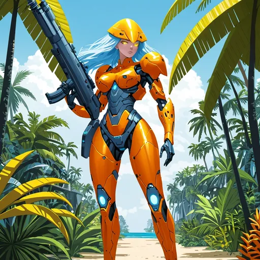 Prompt: Giant woman light blue hair yellow eyes orange body armour carrying futuristic rifle in tropics 