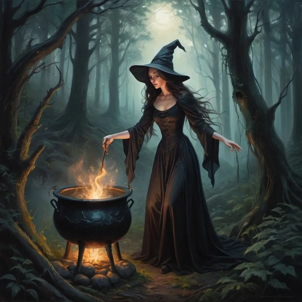 Prompt: Beautiful brunette witch stirring cauldron in mystical forest, oil painting, detailed forest landscape, high quality, dark fantasy, pale skin, thin silhouette, elegant attire, flowing hair, mystical aura, atmospheric lighting, forest setting, magical cauldron, fantasy art, dark and moody tones, detailed foliage, enchanting