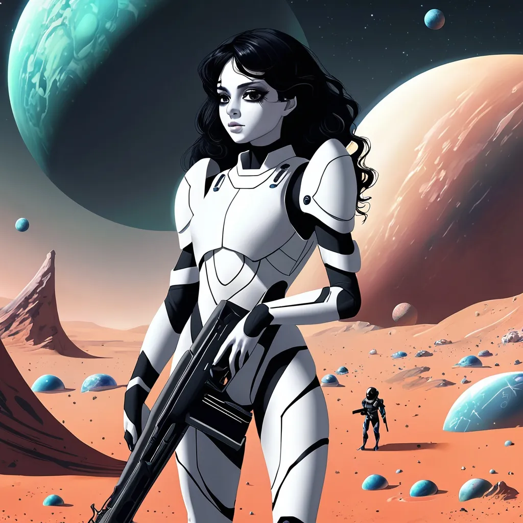 Prompt: Beautiful young pale flat chested white skin long wavy black hair black eyes persian transgender woman wearing body armour and carrying futuristic rifle on alien planet