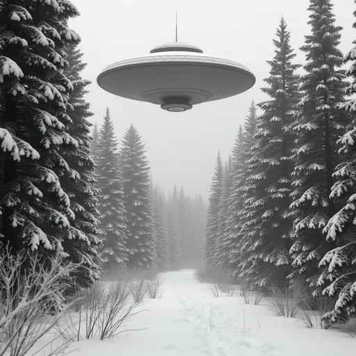 Prompt: Black and white picture of snow covered pine forest with UFO hovering above trees