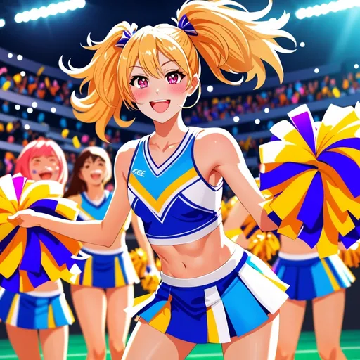 Prompt: (tall pretty femboy cheerleader), vibrant cheer uniform, dynamic pose, brightly colored pompoms, (energetic ambiance), cheerful expressions, stylish hair, detailed facial features, spectators in the background, exaggerated motion, warm lighting, (vivid colors), high quality, ultra-detailed, capturing a lively sports atmosphere.