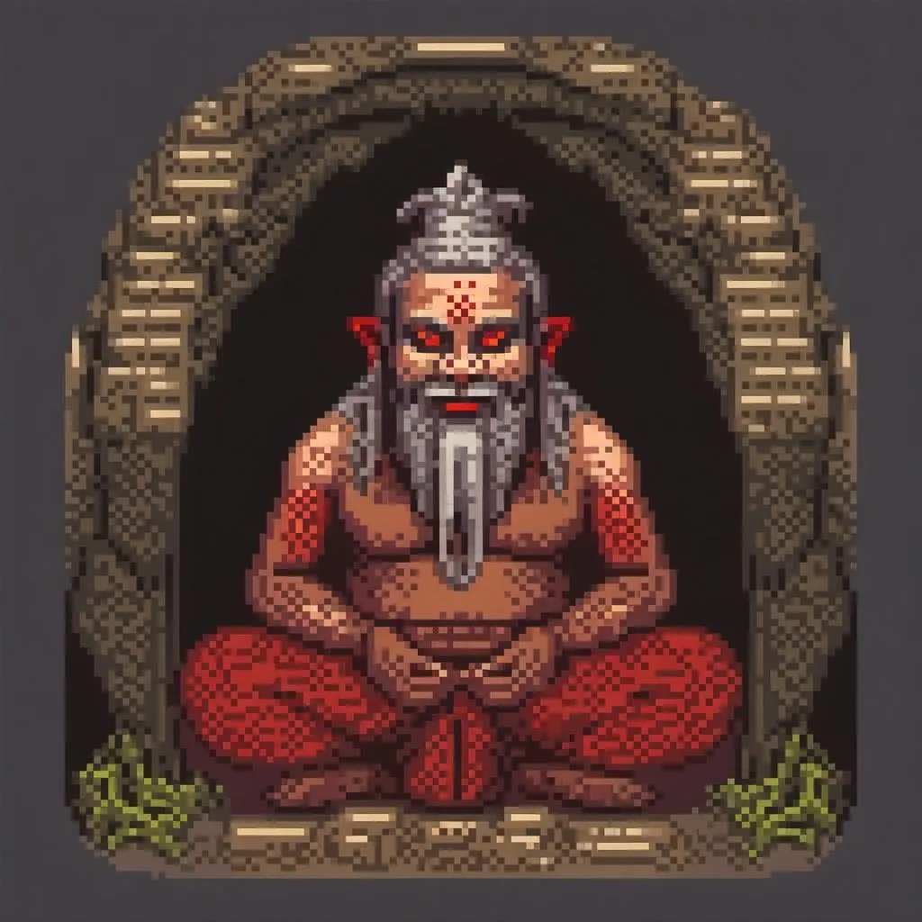 Prompt: Evil sadhu with red eyes, carrying trident, meditating in cave, dark and ominous atmosphere, high-quality digital illustration, detailed facial features, evil, meditation, trident, cave, red eyes, sinister, high quality, dark, detailed, atmospheric lighting