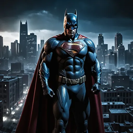 Prompt: (Batman Superman mashup), dramatic lighting, high dynamic contrast, ultra-detailed 4K, epic and intense atmosphere, gritty Gotham City in the background with Metropolis skyline, Batman's suit combined with Superman's emblem and cape, cinematic shadows and highlights, heroic stance, powerful and emotional, dark and brooding color tones mixed with vibrant reds and blues, texture-rich composition, photorealistic, masterpiece, award-winning quality