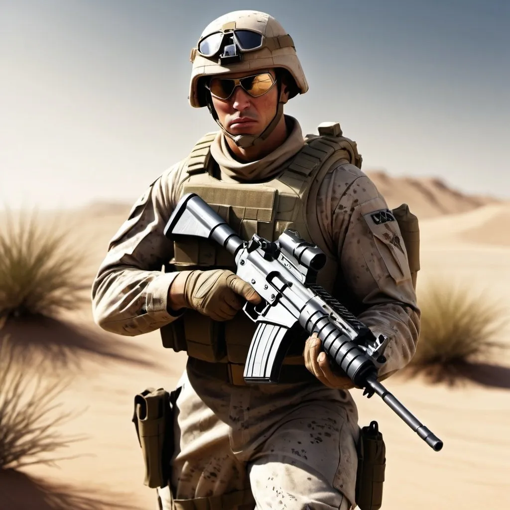 Prompt: Dusty from GI Joe carrying submachine gun in the desert, dusty and sandy environment, military uniform with detailed camouflage, intense and focused expression, realistic digital art, arid and earthy tones, harsh sunlight casting deep shadows, high quality, realistic, military, desert, intense gaze, detailed weapons, sandy atmosphere, camouflage