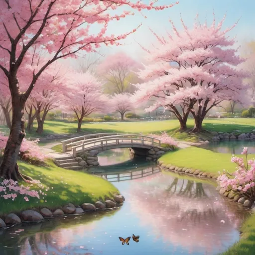 Prompt: (cherry blossom garden), vibrant blooms, delicate pink petals falling gently, serene atmosphere, glowing sunlight filtering through branches, tranquil pond reflecting blossoms, soft pastel colors, lush green grass, insects buzzing in the warm air, Ultra-detailed, high quality, atmospheric light reveals beauty of nature, evokes a sense of peace and renewal.