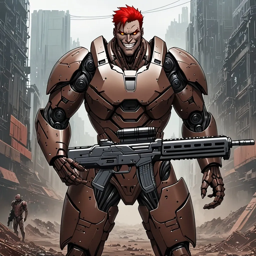 Prompt: Giant man with red hair and brown eyes with evil grin wearing brown body armour carrying futuristic rifle in dystopian setting 