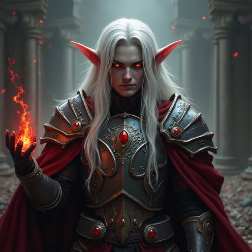 Prompt: Evil elf lord with long white hair red eyes and grey skin wearing armour and holding powerful talisman 