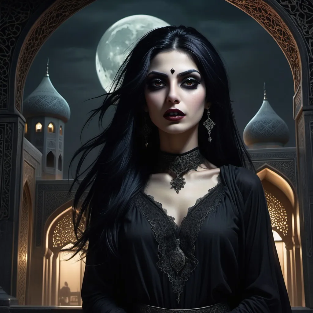 Prompt: (Gothic Persian vampire), hauntingly striking figure with (long black hair), (piercing black eyes), and (sharp fangs), flat-chested silhouette, night setting in (Iran), (dark atmosphere) with muted colors, intricate Persian architecture in the background, ethereal moonlight illuminating the scene, (highly detailed), (dramatic shadows), mysterious aura, emanates a chilling elegance, drawing the viewer into the (gothic) world.