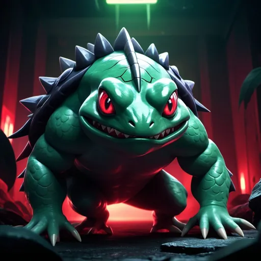 Prompt: (Evil kappa Pokemon), menacing expression, dark green scales, sharp, jagged claws, and glowing red eyes, surrounded by eerie shadows, defeated trainers in the background, ominous atmosphere, cool tone color palette with deep hues, cinematic lighting effect creating tension, high detail, 4K resolution.