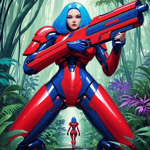 Prompt: Giant woman with blue hair wearing red body armour carrying futuristic gun in purple jungle 