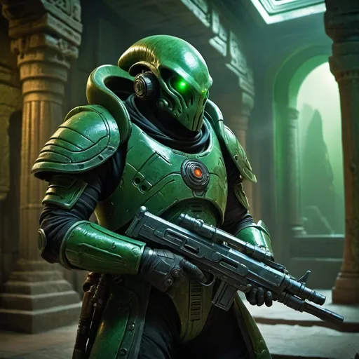 Prompt: Slug bounty hunter in ancient alien temple, green armor, heavy laser gun, mysterious atmosphere, highres, detailed, sci-fi, atmospheric lighting, ancient architecture, alien technology, rugged and worn, intense gaze, professional, dramatic shadows