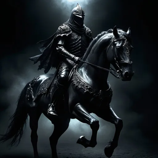 Prompt: Evil black spectre riding on a black armoured horse, dark and ominous, high contrast, detailed horse armor, sinister atmosphere, high-quality, digital art, dark tones, dramatic lighting, menacing presence, eerie glow, spectral figure, haunting, supernatural, detailed details, spectral, armored horse, evil, high contrast, professional, atmospheric lighting