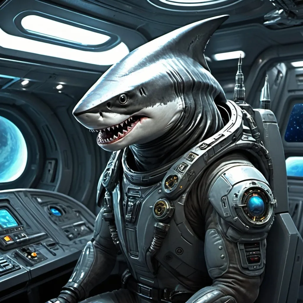 Prompt: Shark alien bounty hunter operating spaceship, detailed shark-like features, metallic and futuristic spaceship design, outer space setting with distant planets, high-tech weapons and gadgets, intense and focused gaze, best quality, ultra-detailed, sci-fi, futuristic, alien, shark-like features, metallic spaceship, outer space, high-tech weaponry, intense gaze, atmospheric lighting