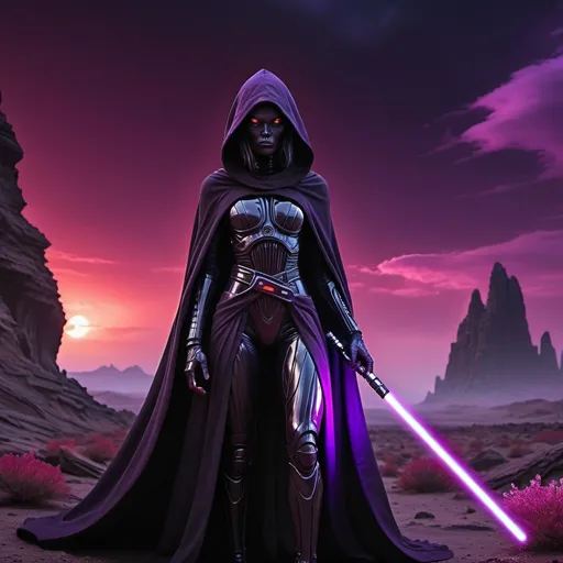 Prompt: (Female alien Sith Lord), (glowing purple eyes), (black hood and cape), (holding purple lightsaber), hostile alien planet backdrop, dramatic atmosphere, swirling crimson skies, jagged rock formations, eerie shadows, vibrant alien flora, stark contrasts in color, (4K), ultra-detailed, high quality, ominous and powerful presence.