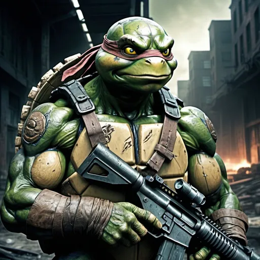 Prompt: Apocalyptic teenage mutant ninja turtle with machine gun, dystopian setting, detailed mutation, post-apocalyptic, highres, gritty artwork, mutant, intense eyes, urban decay, dark and gritty, atmospheric lighting, intense and focused gaze, detailed shading, intense action, industrial setting, cool tones, detailed textures, menacing presence, dystopian future, dramatic shadows, rugged landscape