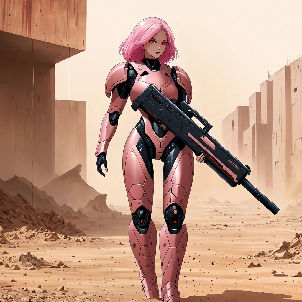 Prompt: Giant woman pink hair red eyes caramel coloured body armour carrying futuristic shotgun in dusty area 