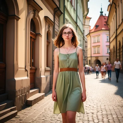 Prompt: (tall skinny pale transgender girl), (22 years old), shoulder-length brown hair, glasses, green eyes, pink summer dress, ankle cut caramel colored leather shoes, walking in Prague, (charming streets), historic architecture, (warm sunlight casting shadows), vibrant atmosphere, (detailed background of old buildings), subtly picturesque, (high quality), (ultra-detailed landscape), (cinematic depth).