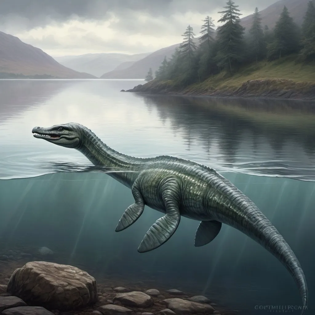 Prompt: Plesiosaur emerging from Scottish lake water, realistic digital painting, misty Scottish landscape, ancient creature, high quality, realistic, detailed, atmospheric, natural lighting, cool tones, detailed scales and texture, misty atmosphere, prehistoric, Loch Ness monster, serene, eerie, mysterious, ultra-detailed, digital painting, ancient creature, Scottish landscape