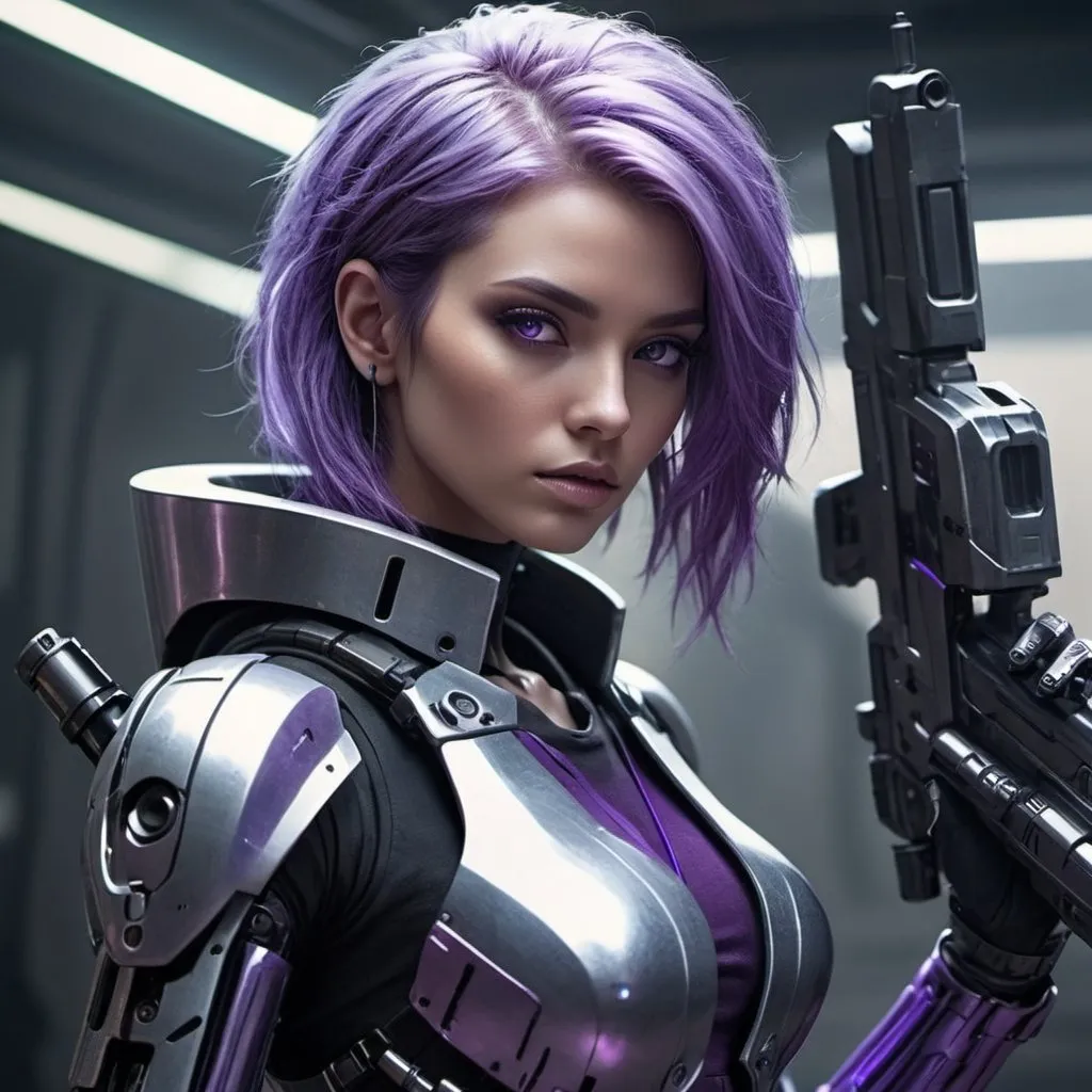 Prompt: Half human half silver robot bounty hunter, elegant female, purple hair, long laser rifle, sci-fi setting, 4k, ultra-detailed, futuristic, sleek design, metallic tones, intense gaze, high-tech weaponry, atmospheric lighting, cyberpunk, cool tones