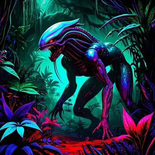 Prompt: Female Predator in alien jungle, digital painting, detailed alien flora and fauna, high contrast, intense and moody, eerie lighting, vibrant and surreal colors, otherworldly, 4k, ultra-detailed, sci-fi, horror, intense gaze, predatory stance, exotic predator, atmospheric lighting