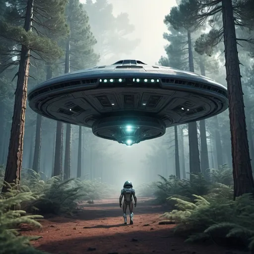 Prompt: Alien exiting space craft in pine forest, 3D rendering, spaceship, pine trees, otherworldly atmosphere, high quality, realistic, sci-fi, alien creature, atmospheric lighting, extraterrestrial, detailed foliage, cool tones, futuristic, mysterious, alien technology, majestic, surreal, alien landscape