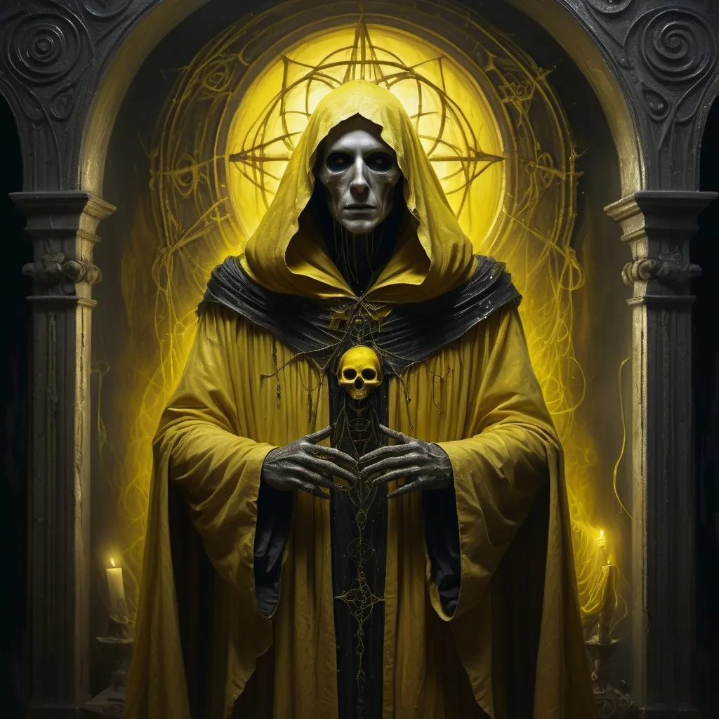Prompt: The King in Yellow, hauntingly enigmatic figure, ethereal cloak flowing, whispers of madness and despair, embellished with arcane symbols, eerie atmosphere, dimly lit room shadows, spectral light illuminating details, sinister undertones, surreal and dreamlike background, high-quality, ultra-detailed, evoking dread and intrigue, perfect for a gothic-inspired art piece.